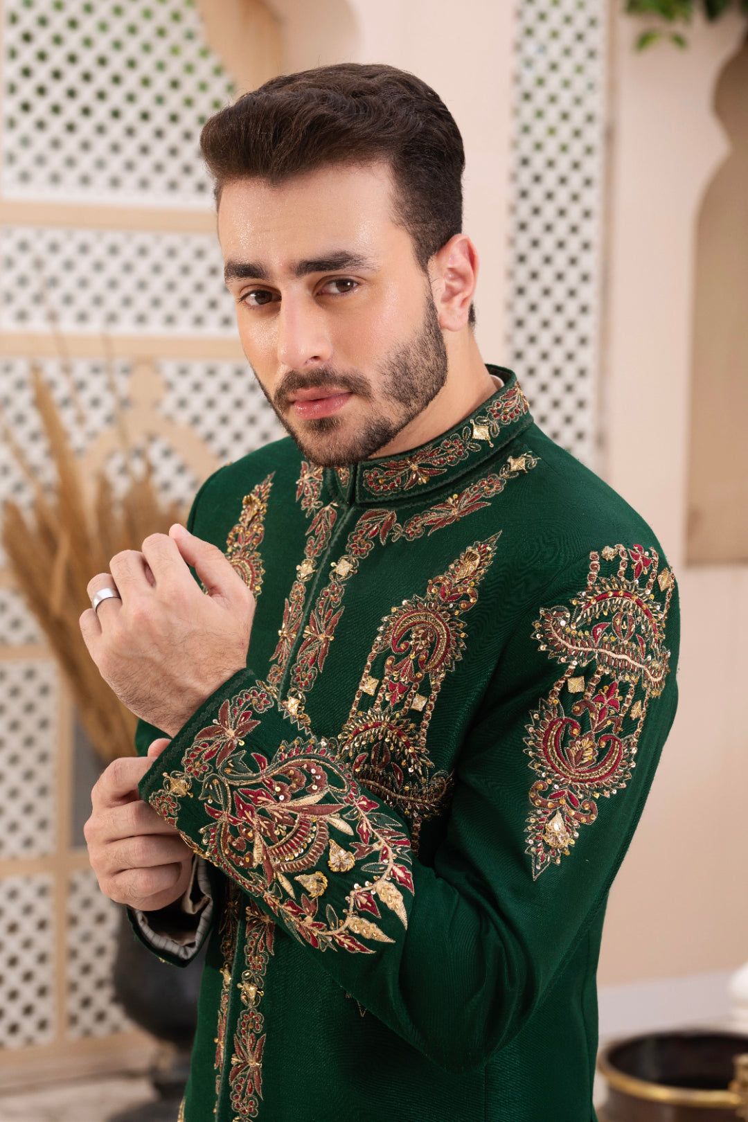 Bottle Green Embroidered Silk Prince Coat (2-Piece) - Image 3