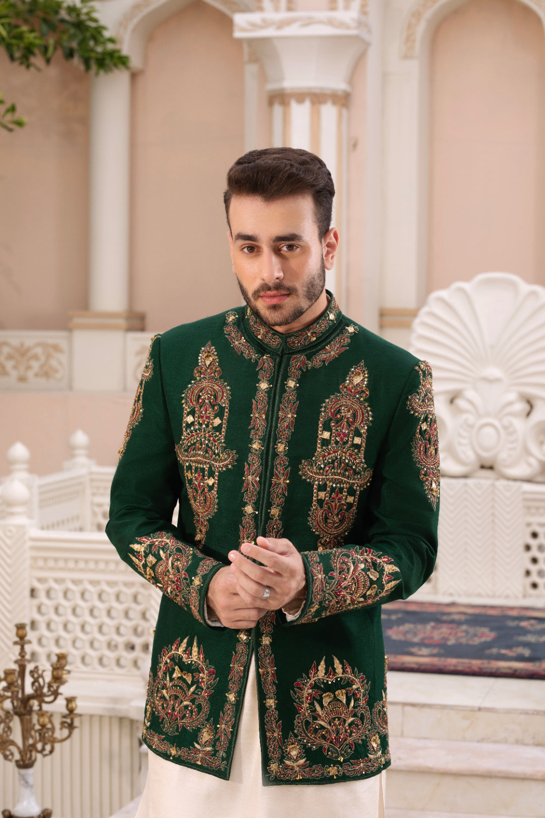 Bottle Green Embroidered Silk Prince Coat (2-Piece) - Image 4