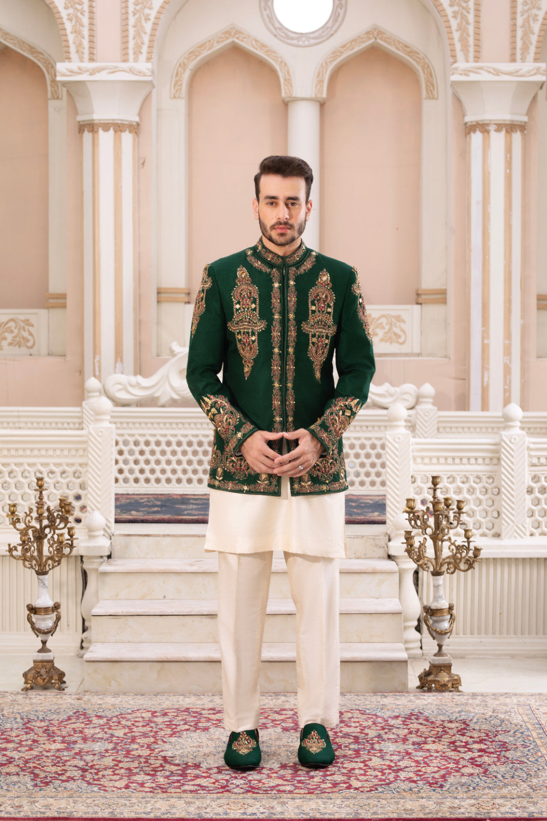 Bottle Green Embroidered Silk Prince Coat (2-Piece) - Image 1