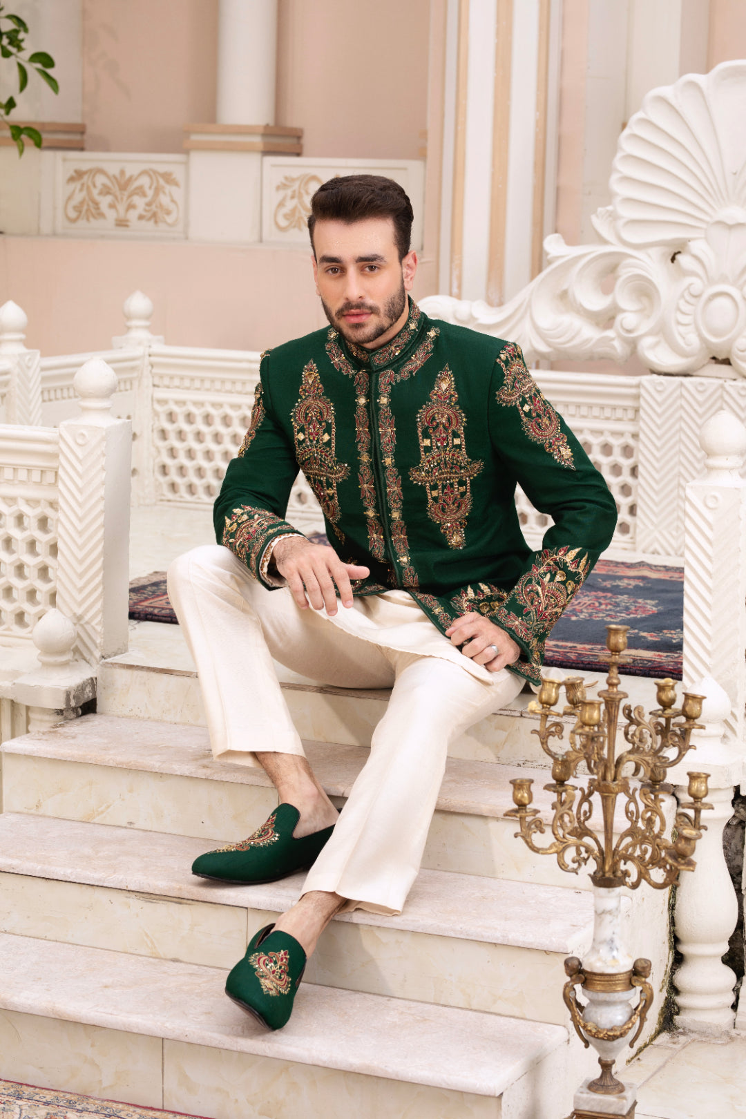 Bottle Green Embroidered Silk Prince Coat (2-Piece) - Image 2