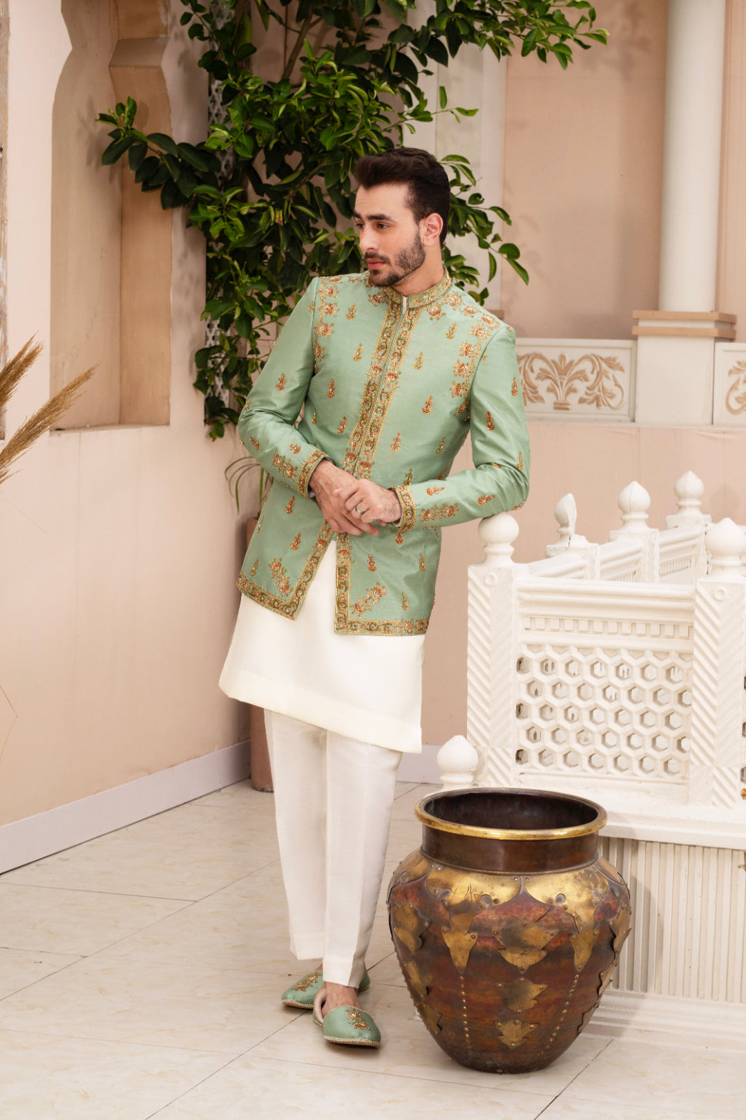 Pistachio Block Print Silk Prince Coat (3-Piece) - Image 2