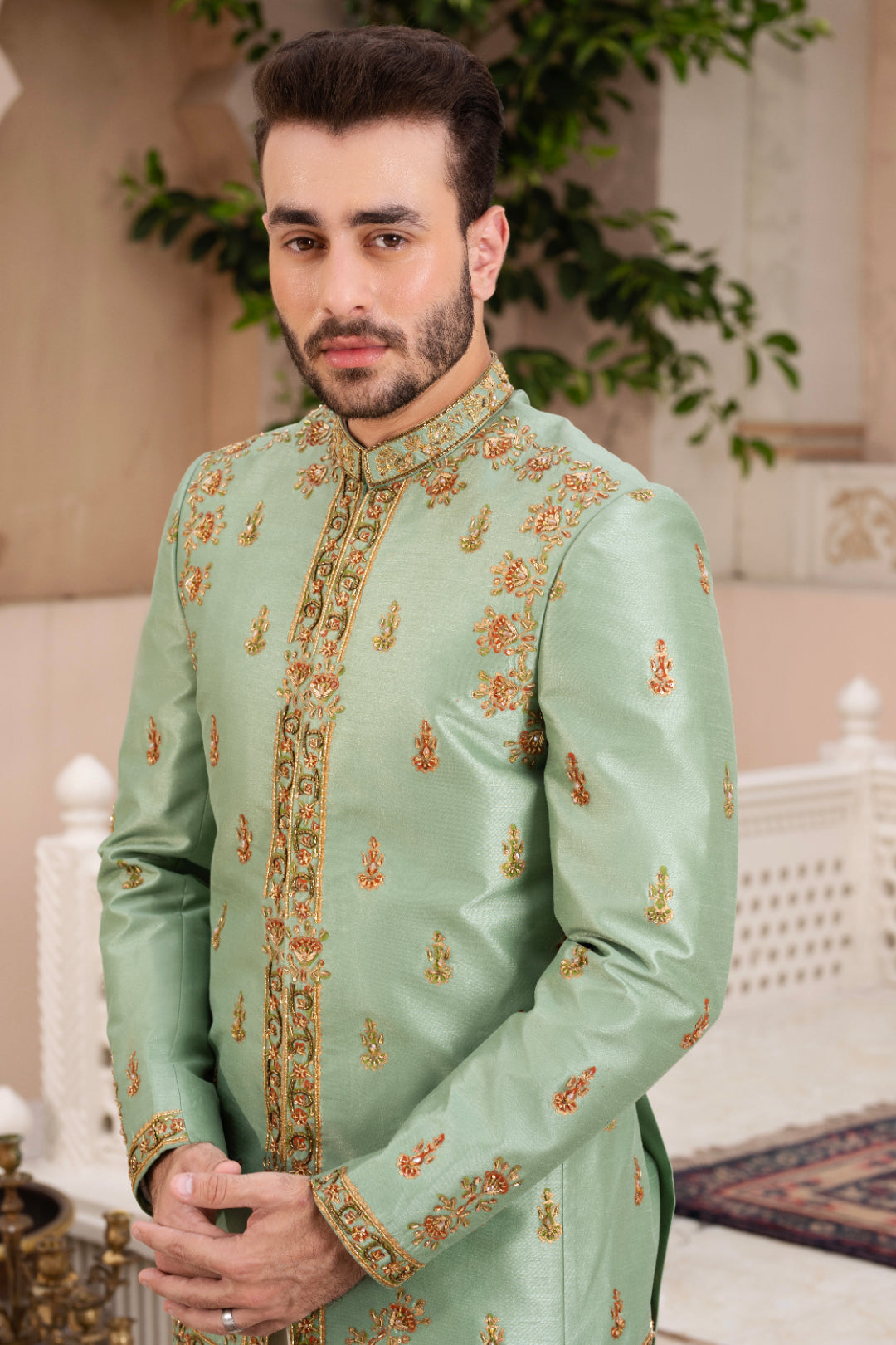 Pistachio Block Print Silk Prince Coat (3-Piece) - Image 3