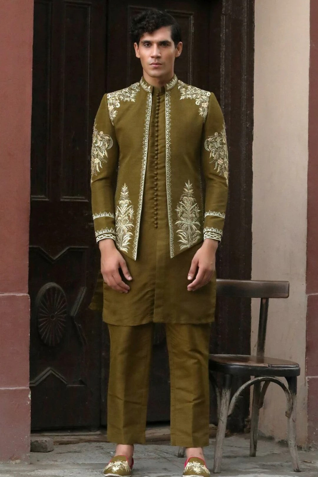 Mehndi Green Adda Embroidered Silk Prince Coat (3-Piece) - Image 1