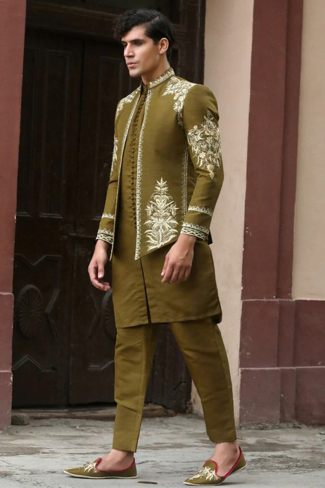Mehndi Green Adda Embroidered Silk Prince Coat (3-Piece) - Image 2