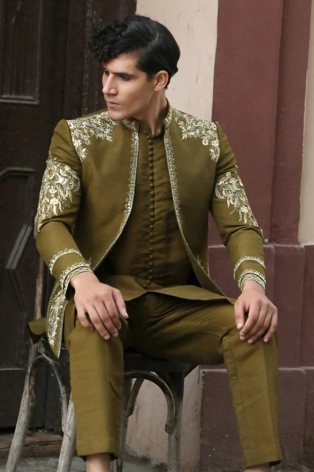 Mehndi Green Adda Embroidered Silk Prince Coat (3-Piece) - Image 3