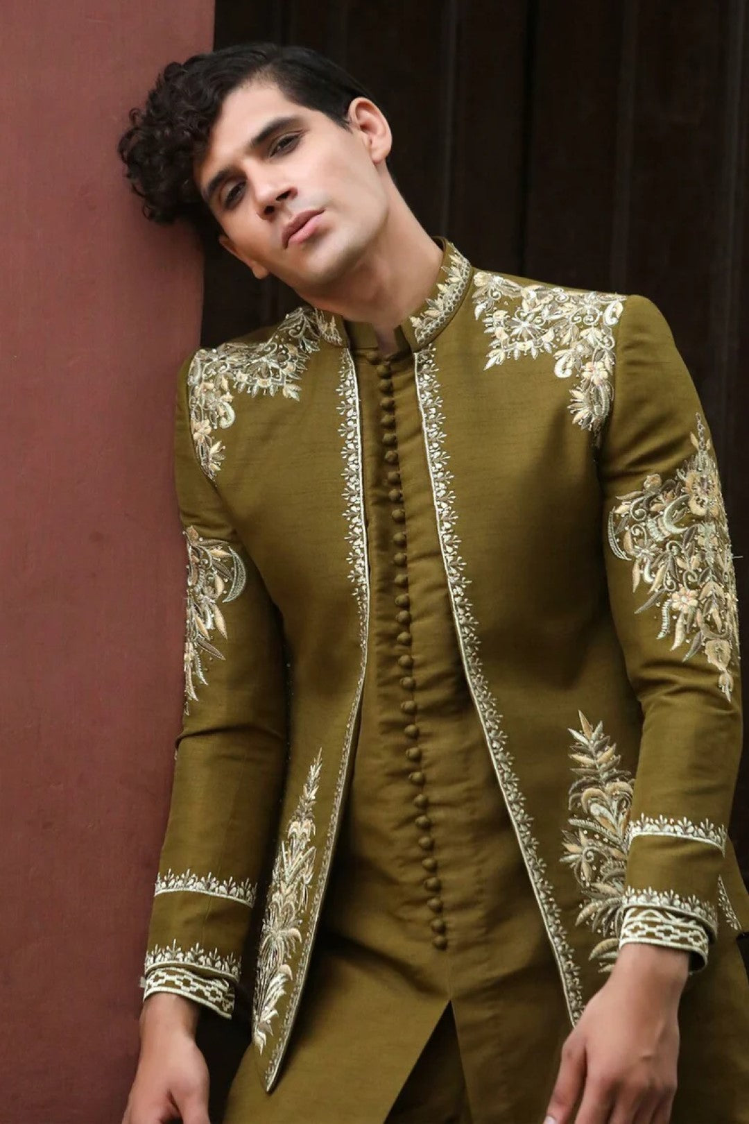Mehndi Green Adda Embroidered Silk Prince Coat (3-Piece) - Image 4