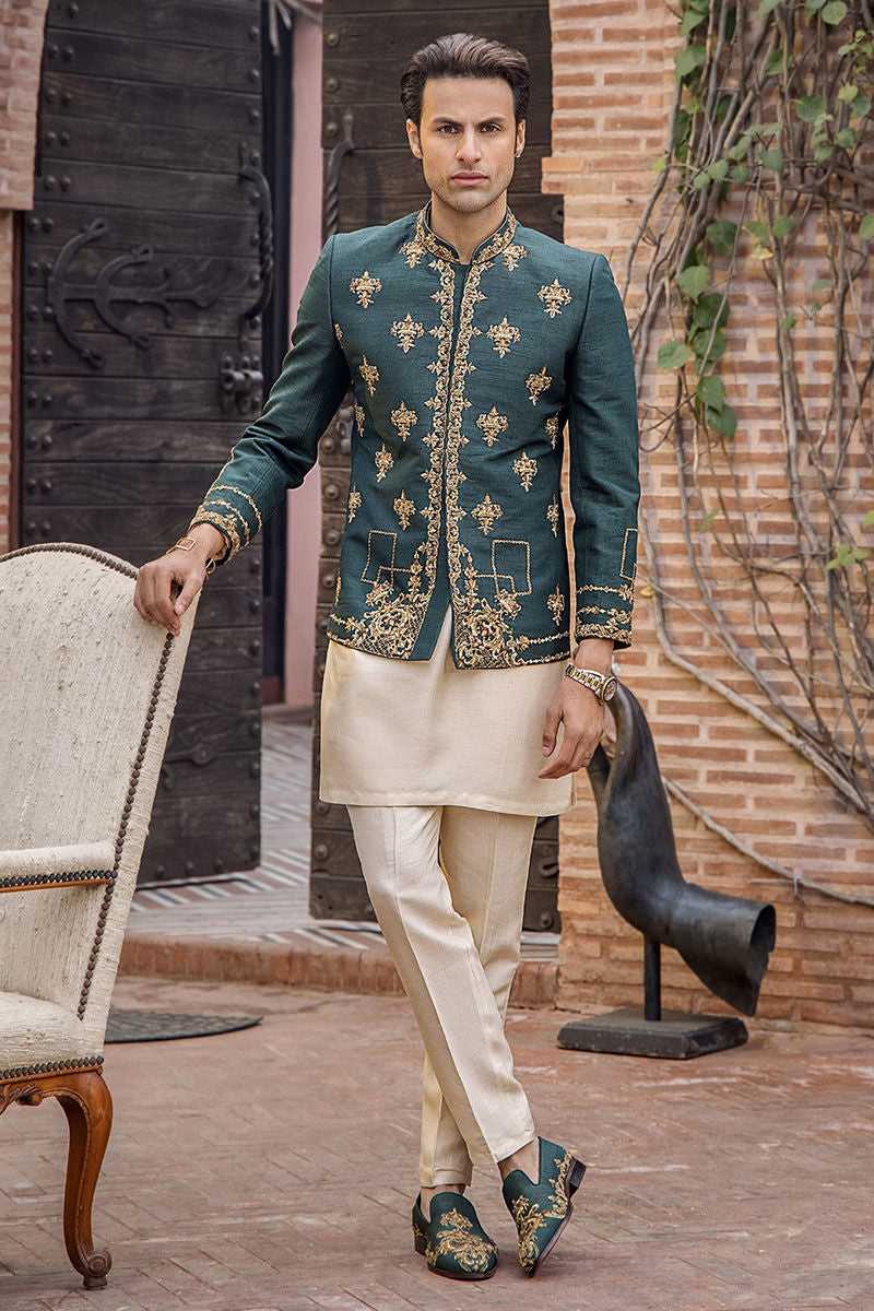 Teal Green Zardozi Pure Silk Prince Coat (3-Piece) - Image 1