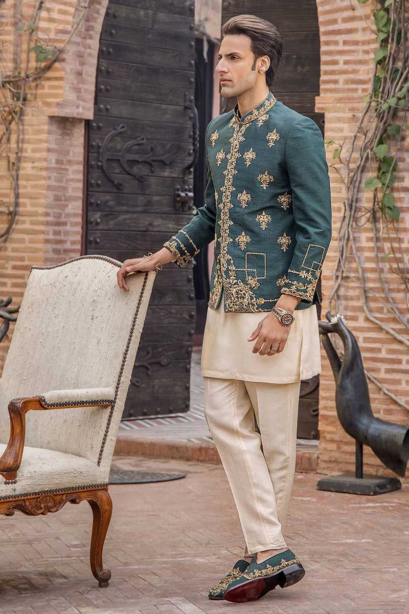 Teal Green Zardozi Pure Silk Prince Coat (3-Piece) - Image 2