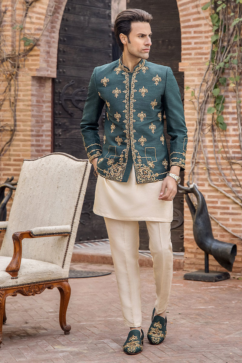 Teal Green Zardozi Pure Silk Prince Coat (3-Piece) - Image 3