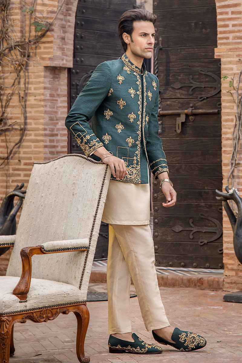 Teal Green Zardozi Pure Silk Prince Coat (3-Piece) - Image 4