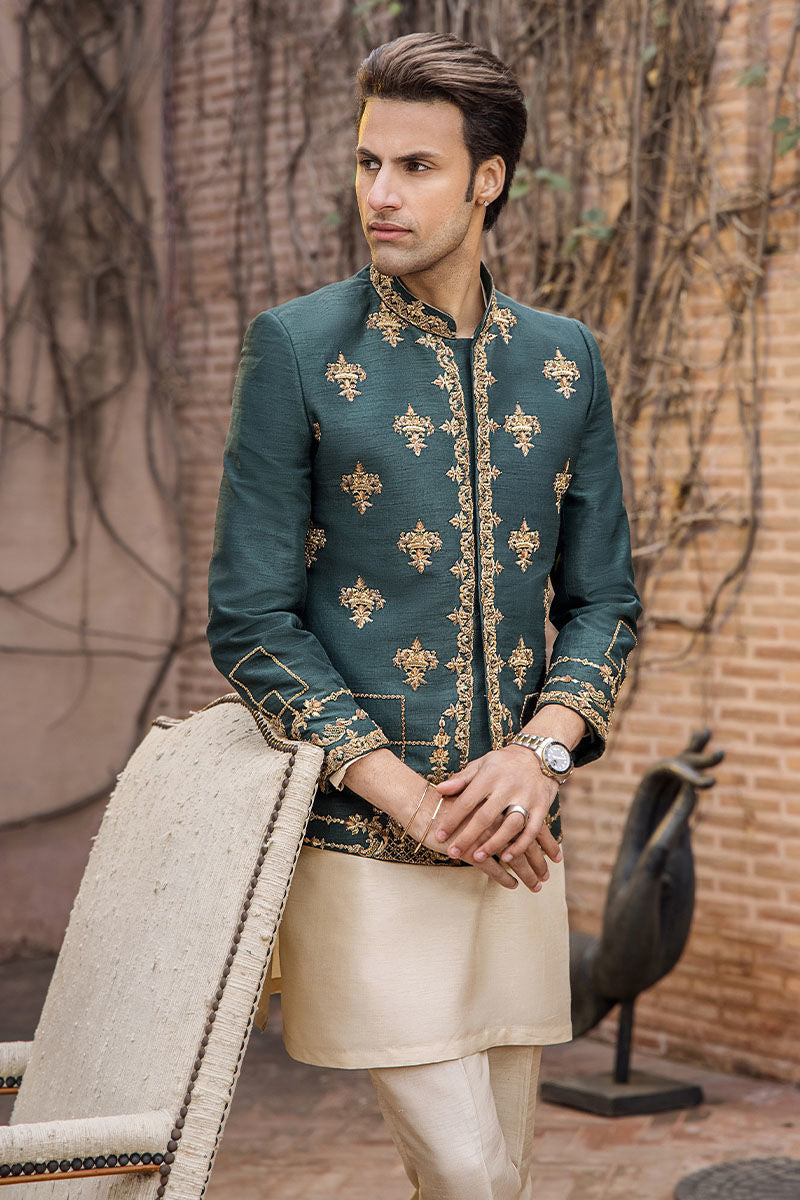 Teal Green Zardozi Pure Silk Prince Coat (3-Piece) - Image 5