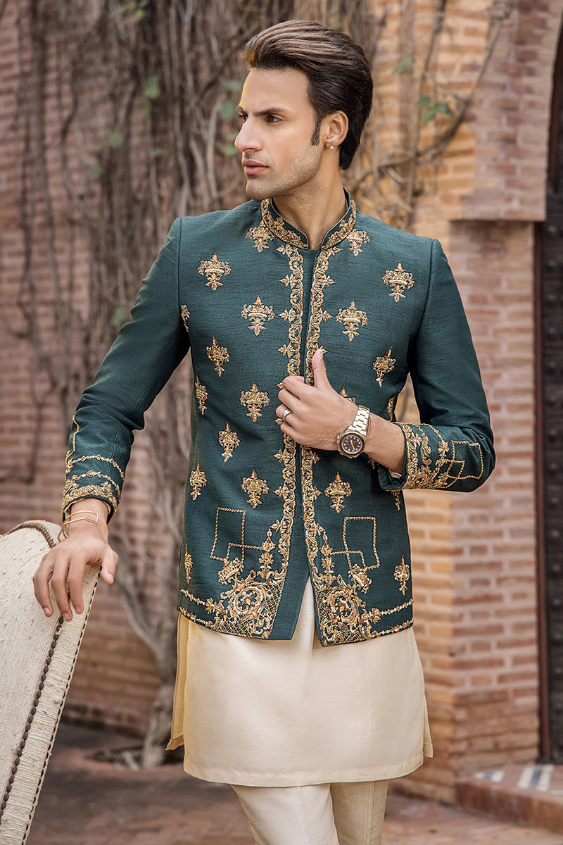 Teal Green Zardozi Pure Silk Prince Coat (3-Piece) - Image 6