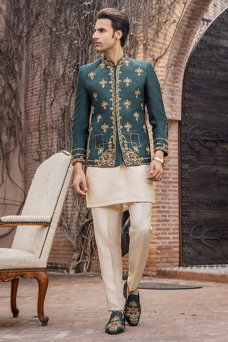 Teal Green Zardozi Pure Silk Prince Coat (3-Piece) - Image 7