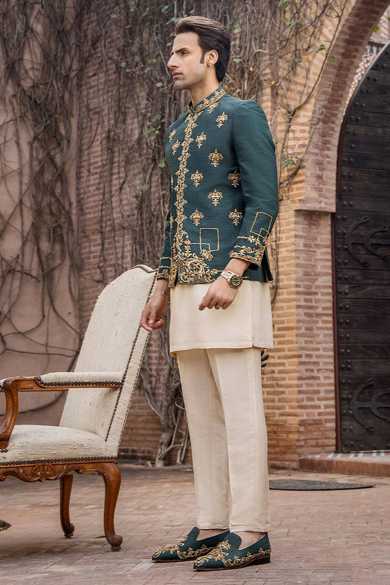 Teal Green Zardozi Pure Silk Prince Coat (3-Piece) - Image 8