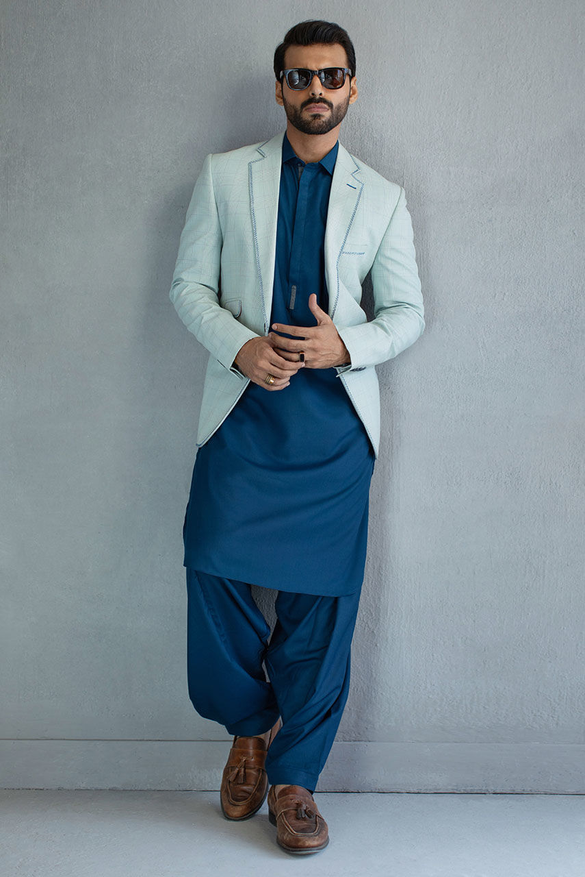 Mint Green Herringbone Suiting Prince Coat (3-Piece) - Image 1