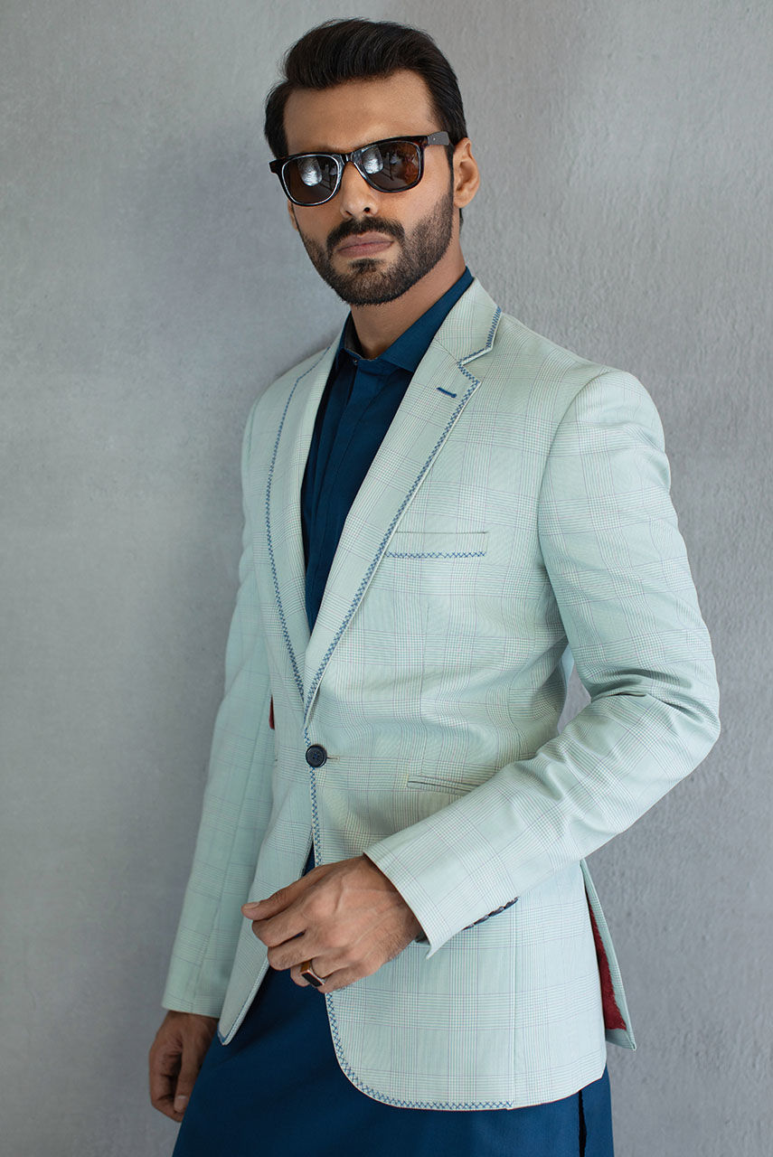 Mint Green Herringbone Suiting Prince Coat (3-Piece) - Image 2