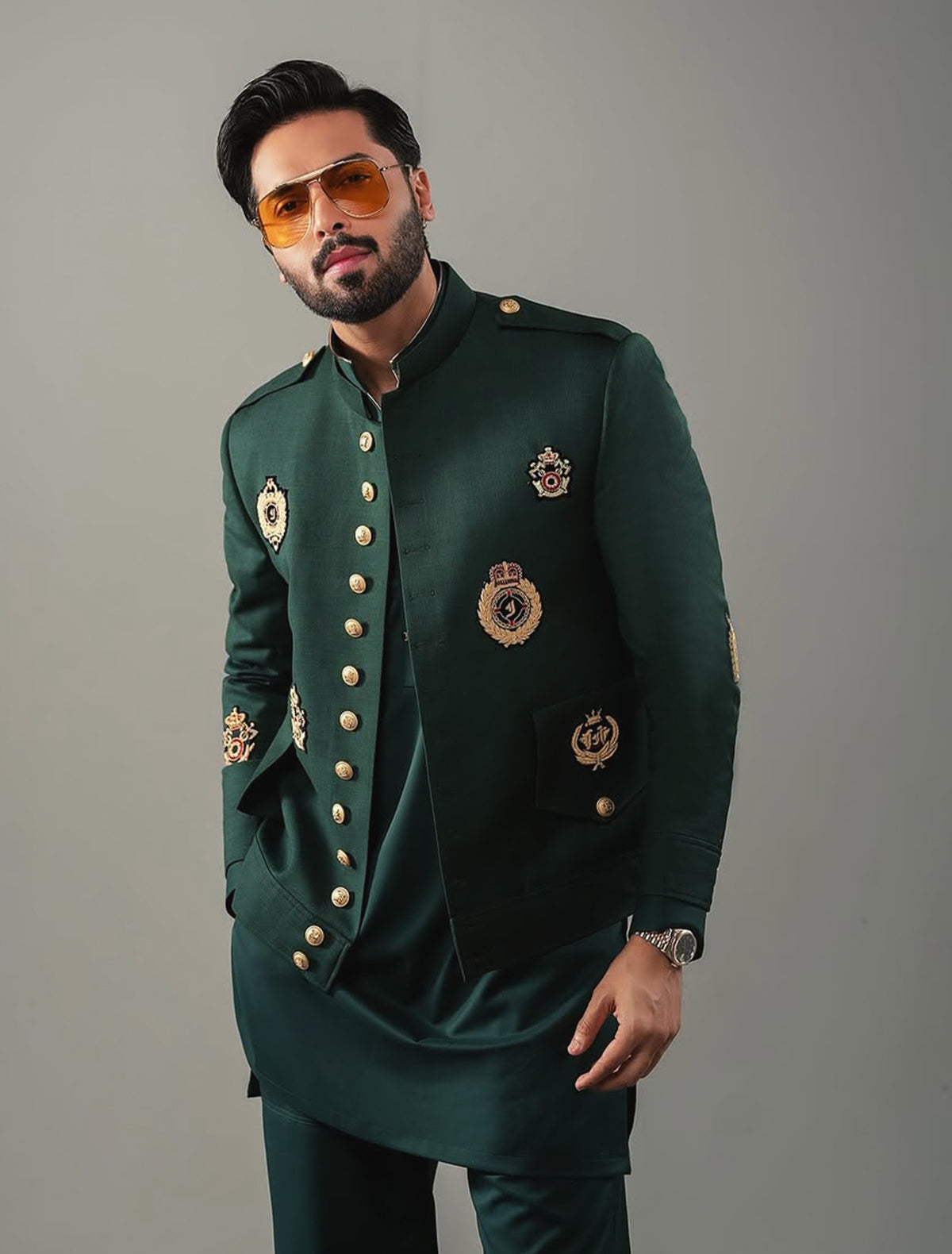 Deep Green Embroidered Suiting Prince Coat (3-Piece) - Image 1