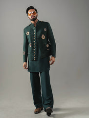 Deep Green Embroidered Suiting Prince Coat (3-Piece) - Image 3