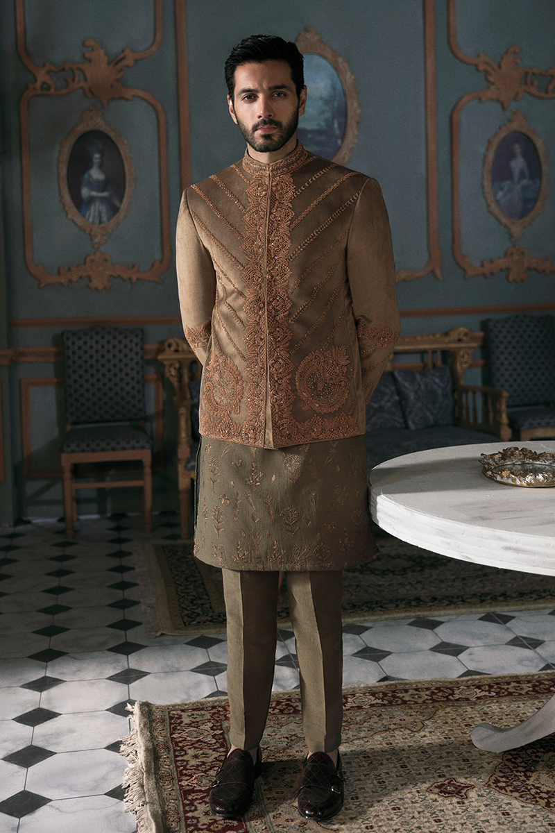 Tawny Green Embroidered Velour Damask Prince Coat (3-Piece) - Image 1