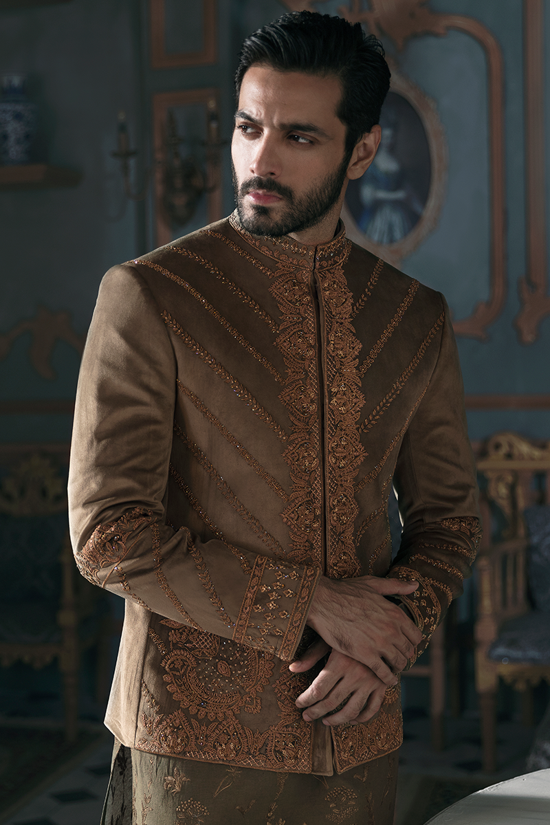 Tawny Green Embroidered Velour Damask Prince Coat (3-Piece) - Image 4