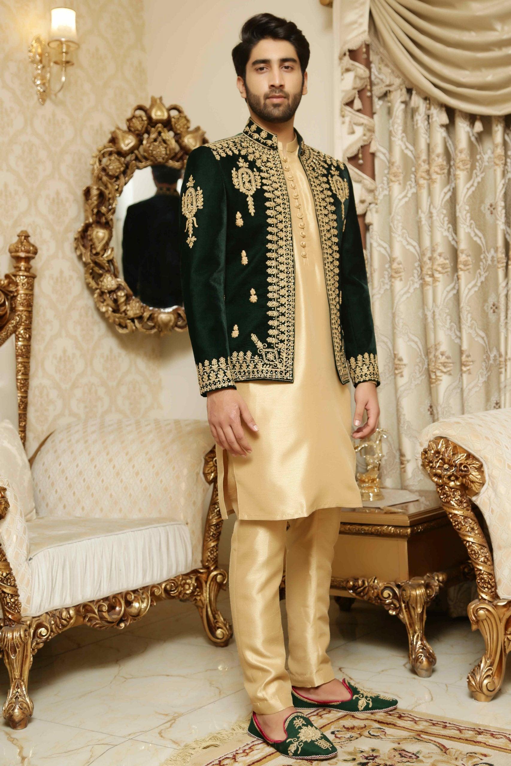 Bottle Green Embroidered Velvet Prince Coat (3-Piece) - Image 1