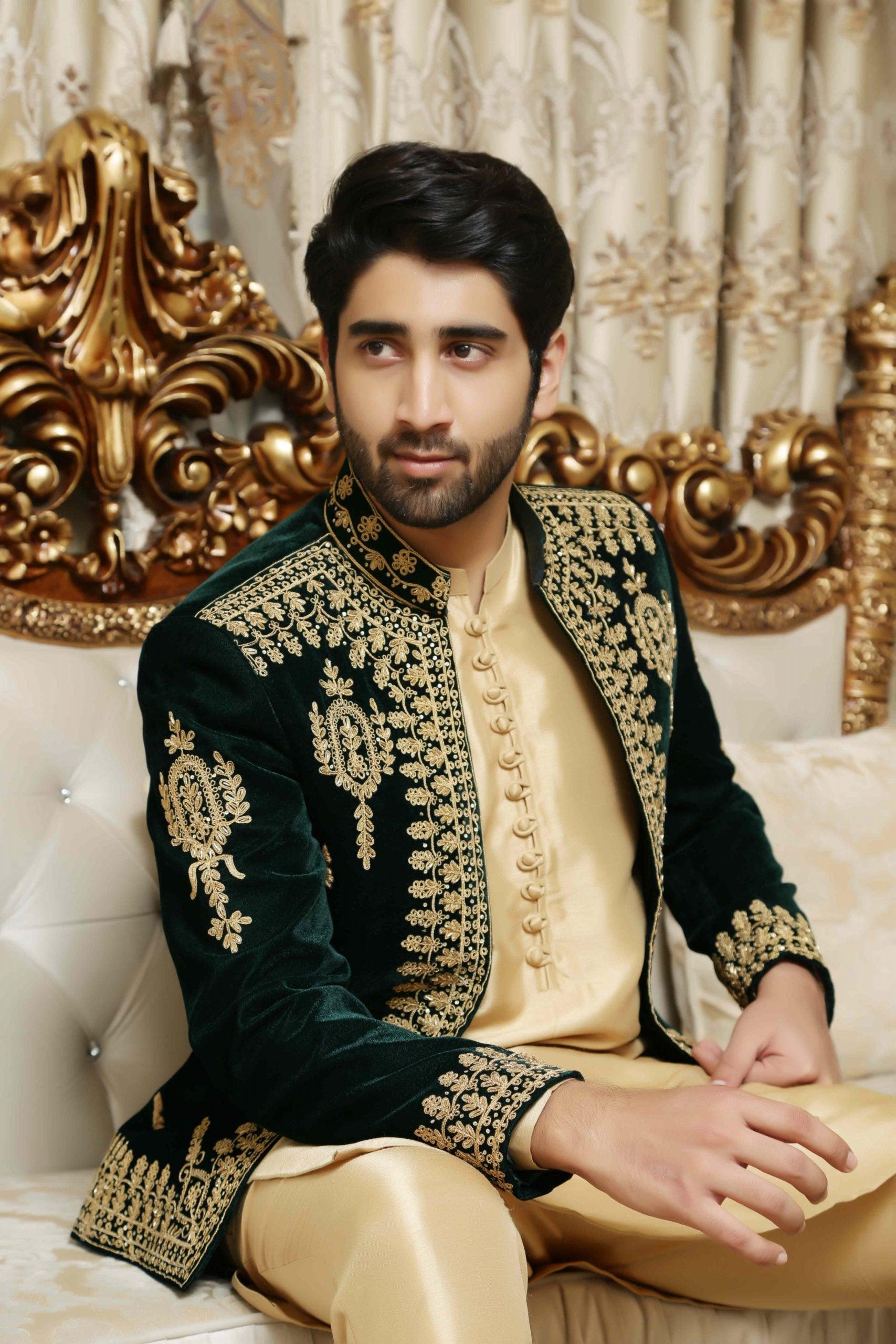 Bottle Green Embroidered Velvet Prince Coat (3-Piece) - Image 3