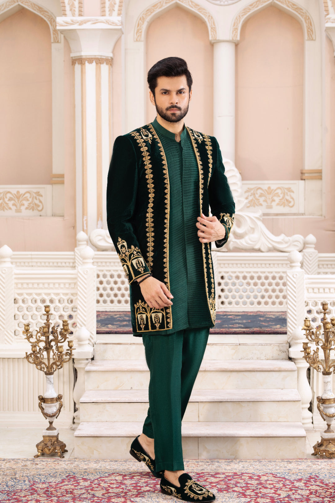 Bottle Green Adda Work Velvet Prince Coat (3-Piece) - Image 1