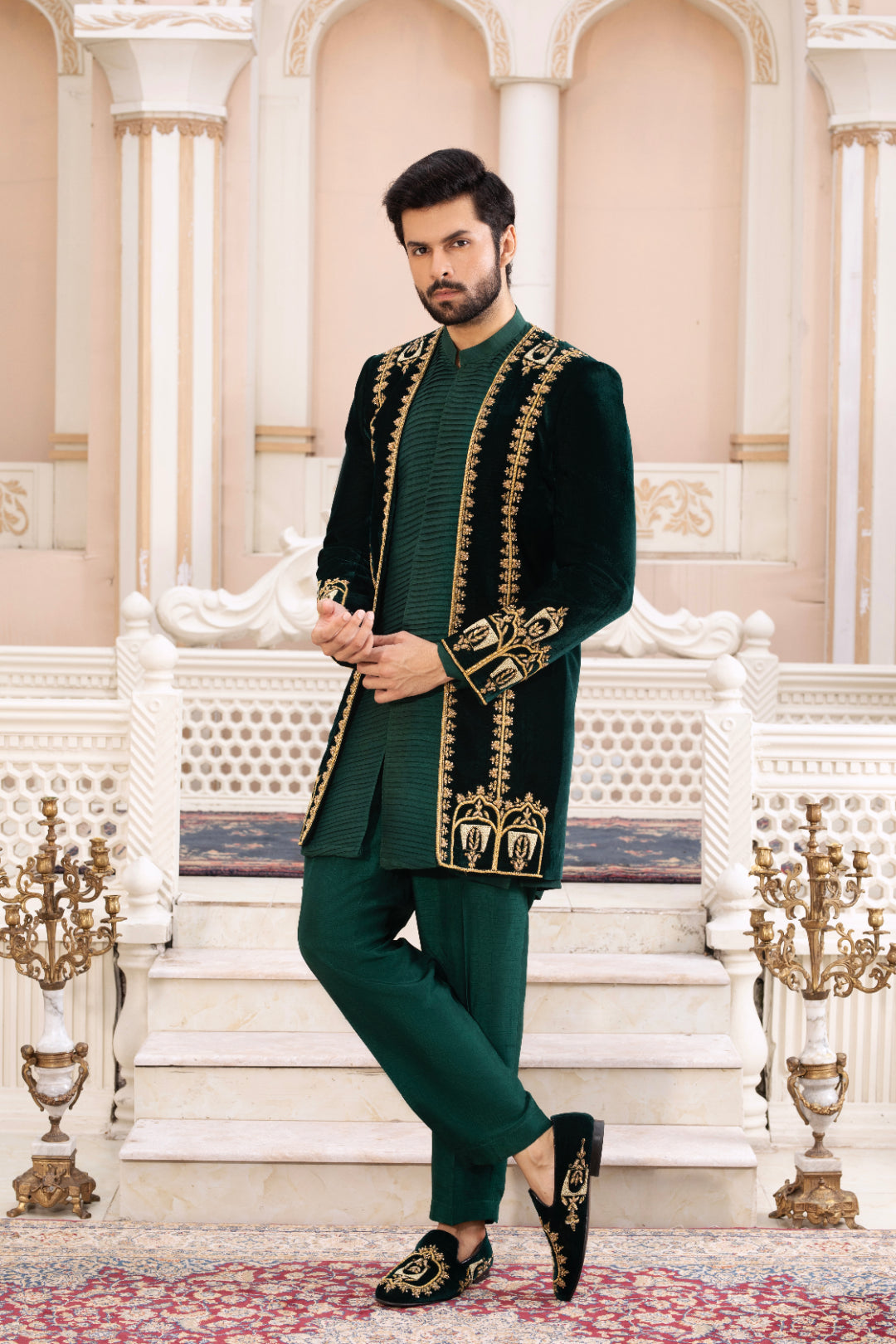 Bottle Green Adda Work Velvet Prince Coat (3-Piece) - Image 2