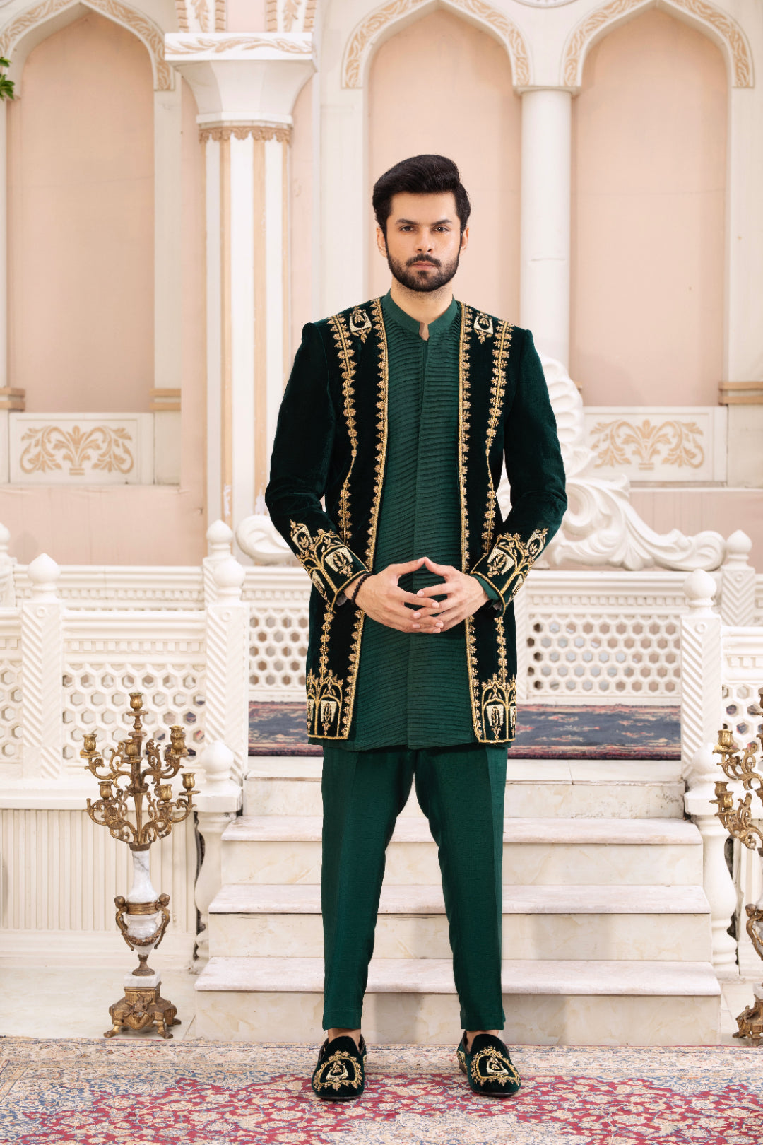Bottle Green Adda Work Velvet Prince Coat (3-Piece) - Image 3