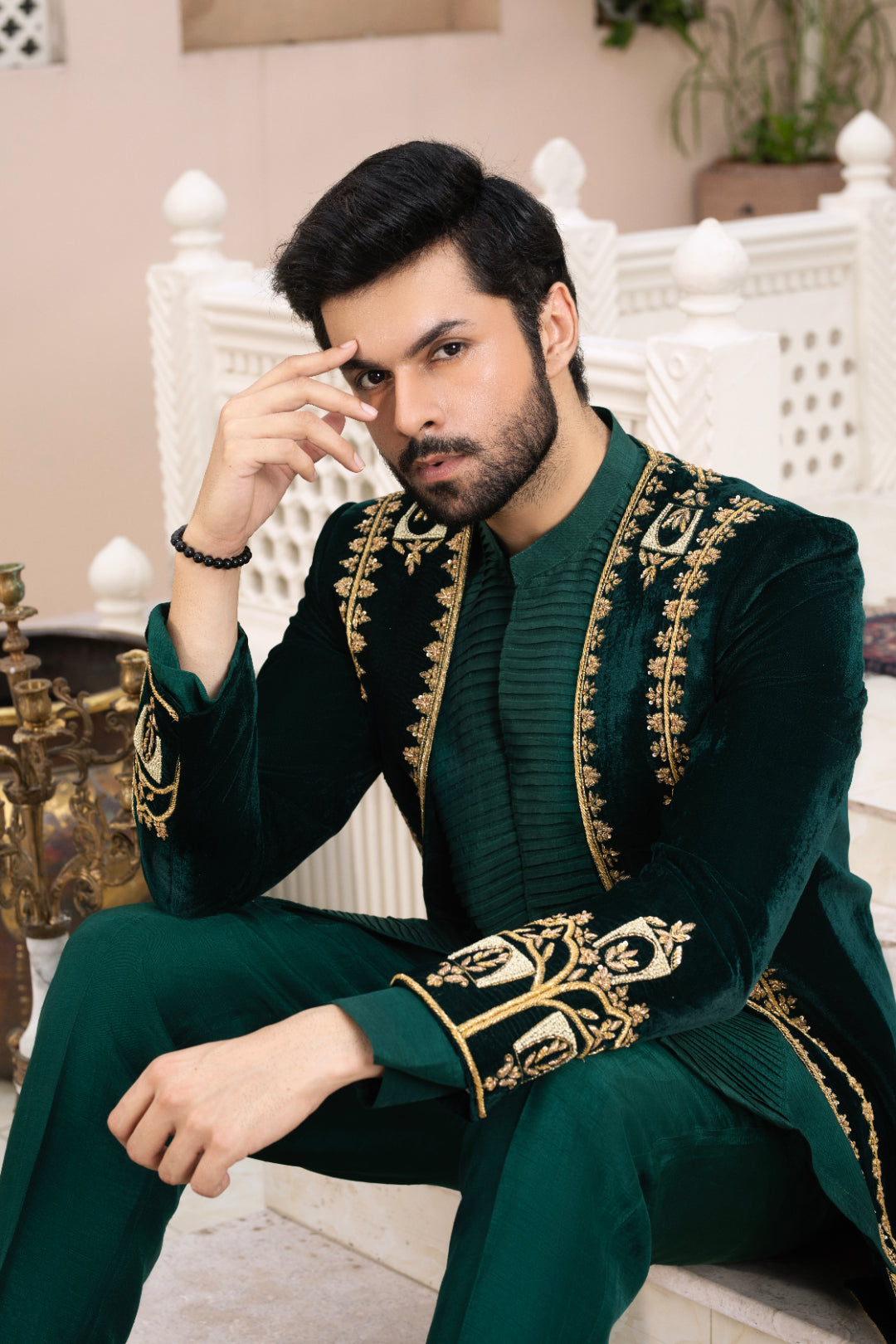 Bottle Green Adda Work Velvet Prince Coat (3-Piece) - Image 4