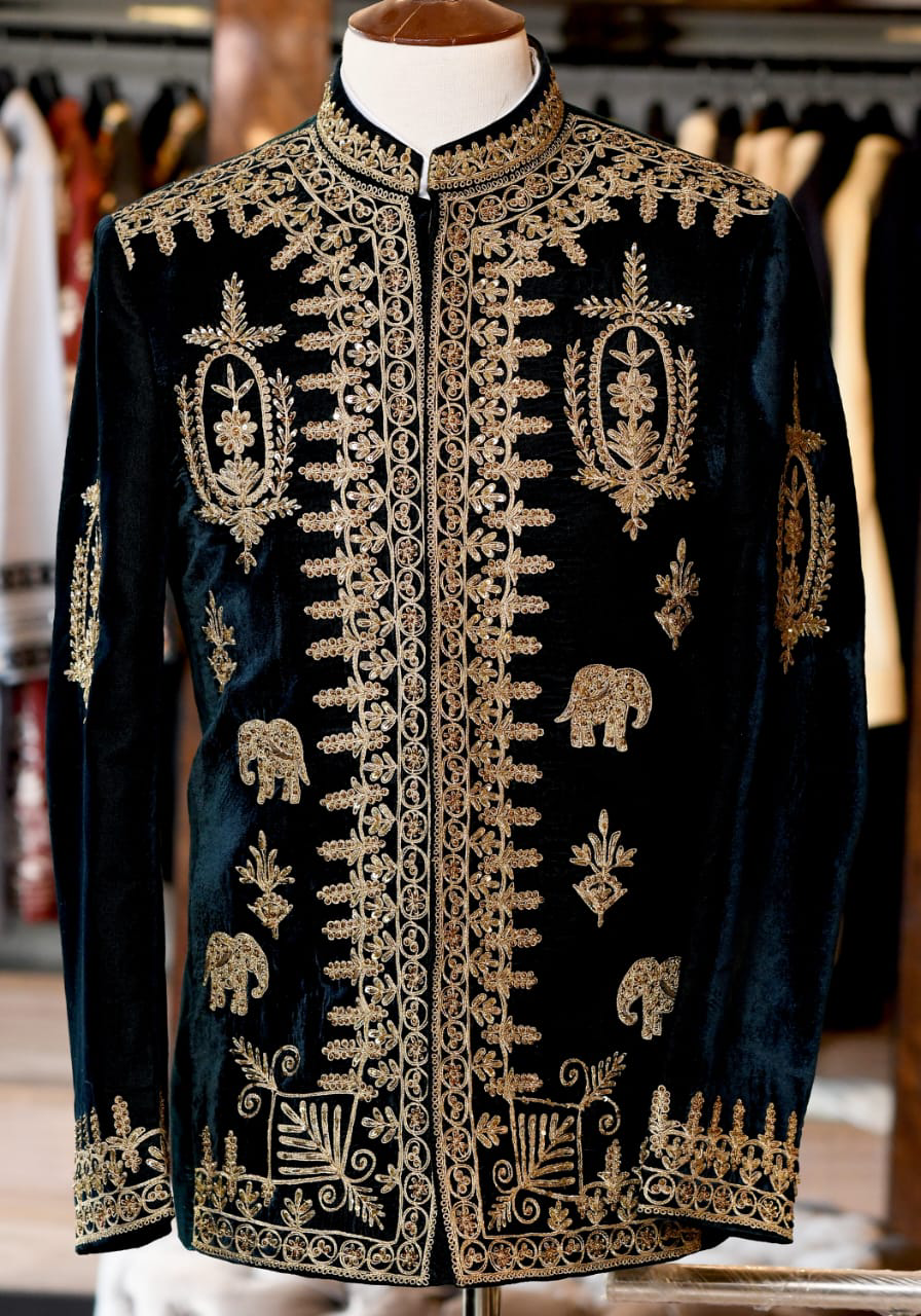 Bottle Green Hand Embroidered Velvet Prince Coat (1-Pc) - Image 1