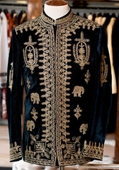 Bottle Green Hand Embroidered Velvet Prince Coat (1-Pc) - Image 2