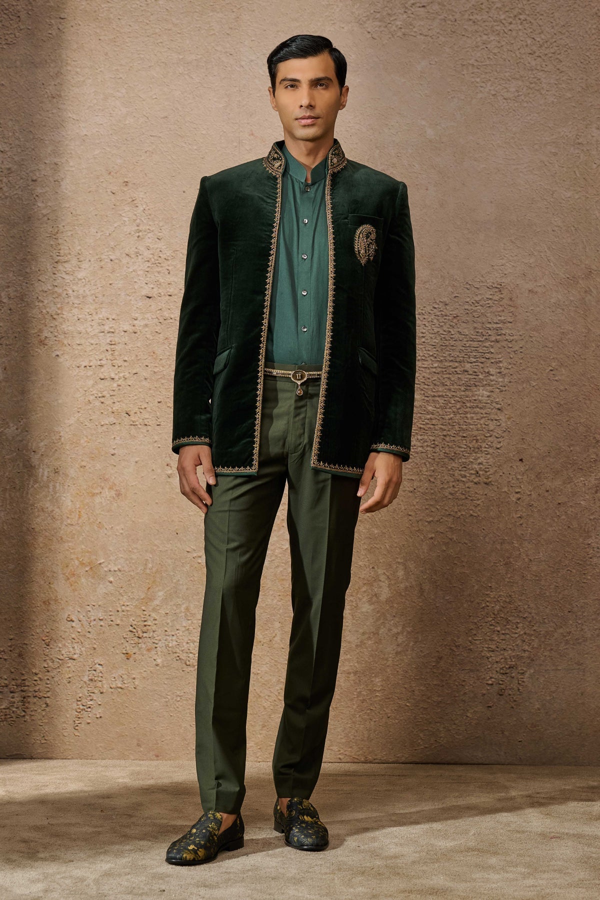 Emerald Zardozi Cotton Velvet Prince Coat (3-Piece) - Image 1