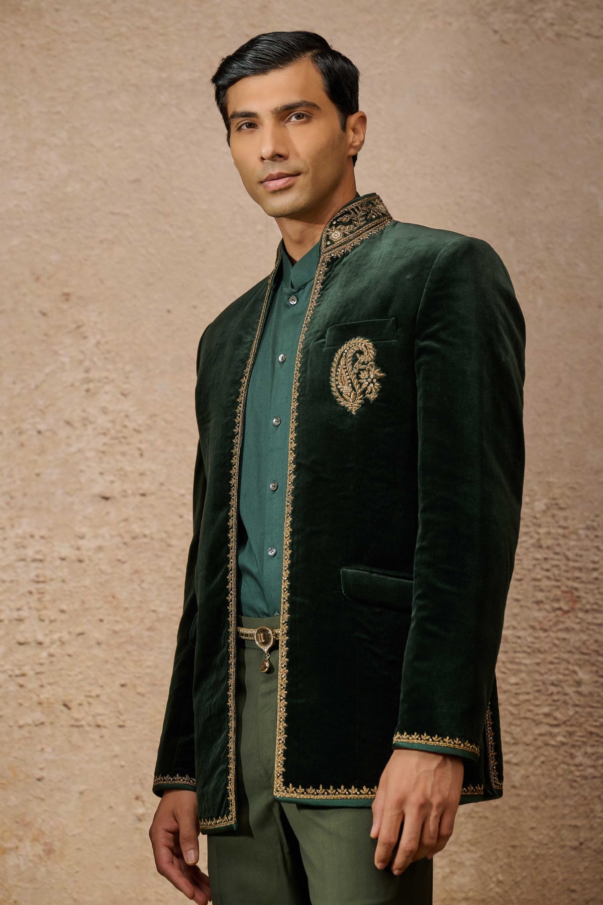 Emerald Zardozi Cotton Velvet Prince Coat (3-Piece) - Image 3