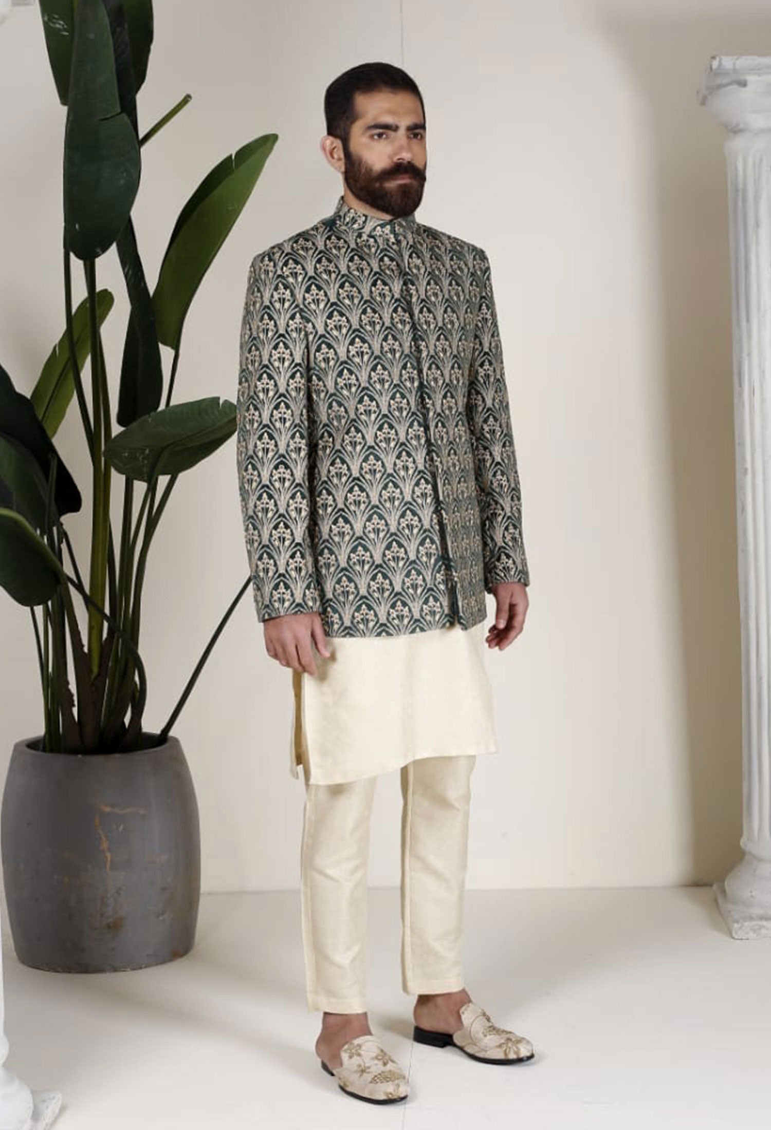 Deep Green Embossed Embroidered Vilore Prince Coat (3-Piece) - Image 1