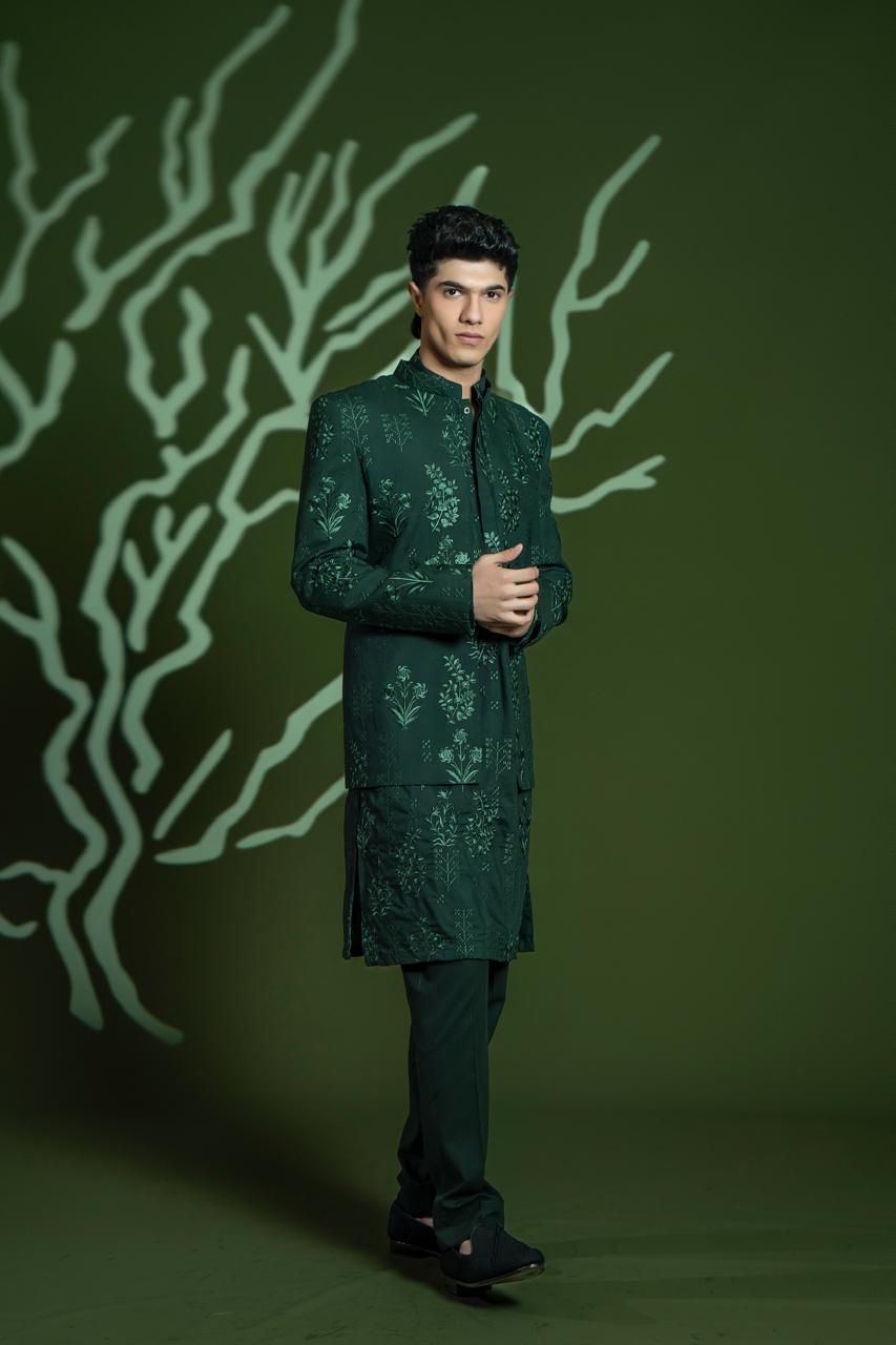 Deep Green Embroidered Wash & Wear Prince Coat (3-Piece) - Image 1