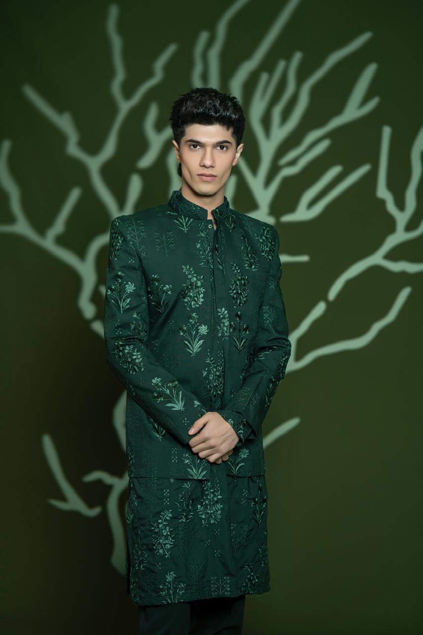 Deep Green Embroidered Wash & Wear Prince Coat (3-Piece) - Image 5