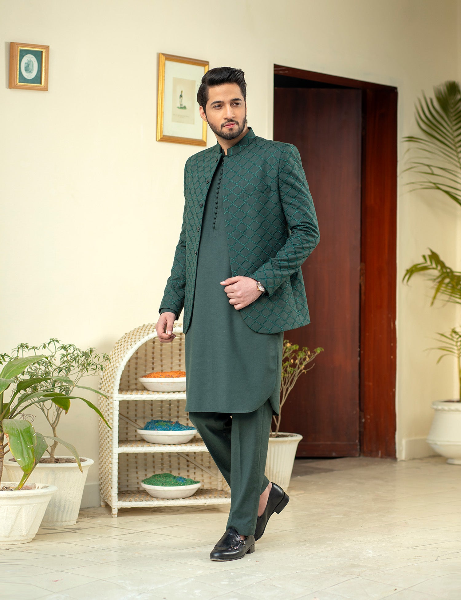 Deep Green Embroidered Wash & Wear Prince Coat (3-Piece) - Image 1