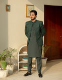 Deep Green Embroidered Wash & Wear Prince Coat (3-Piece) - Image 3