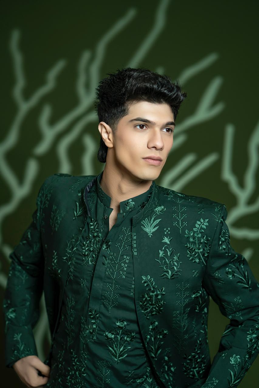 Deep Green Embroidered Wash & Wear Prince Coat (3-Piece) - Image 3
