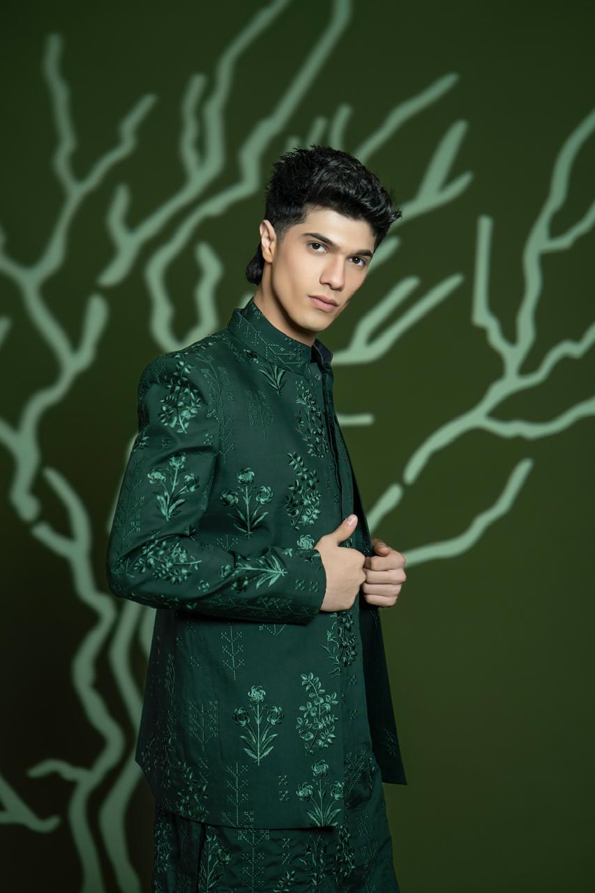 Deep Green Embroidered Wash & Wear Prince Coat (3-Piece) - Image 4