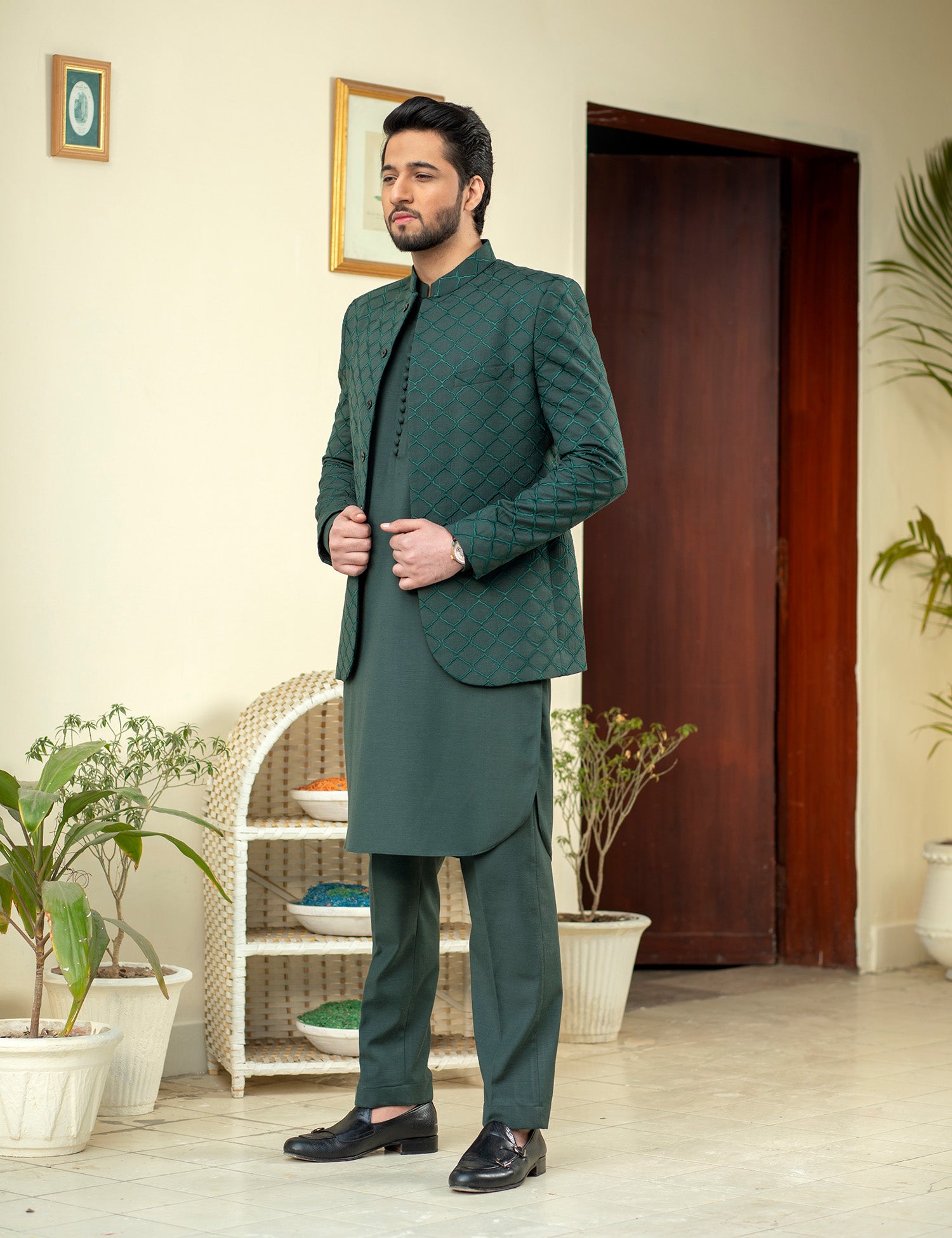 Deep Green Embroidered Wash & Wear Prince Coat (3-Piece) - Image 5