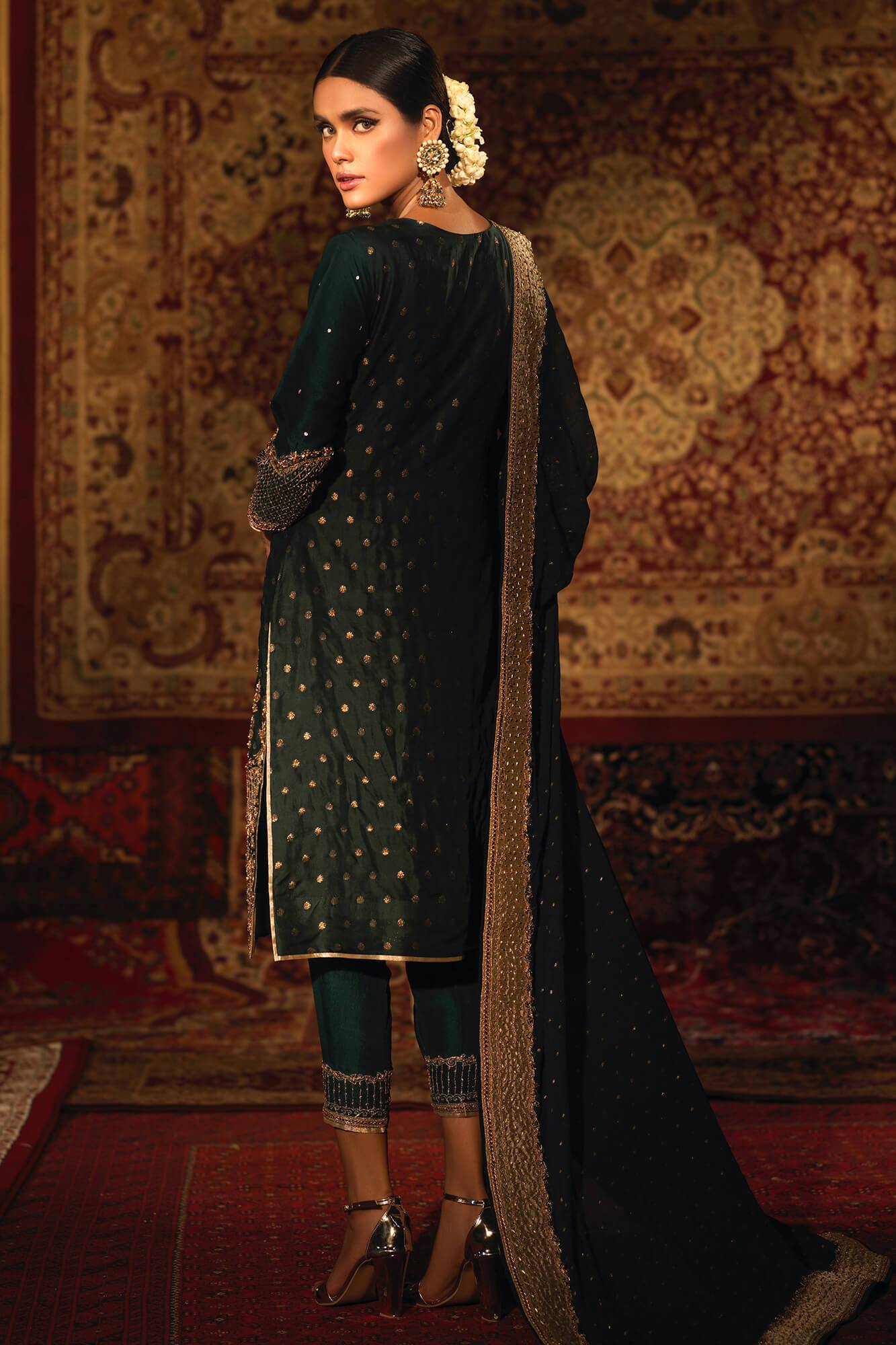 Dark Green Embroidered Banarsi Silk Salwar Kameez (3-Piece) - Image 1