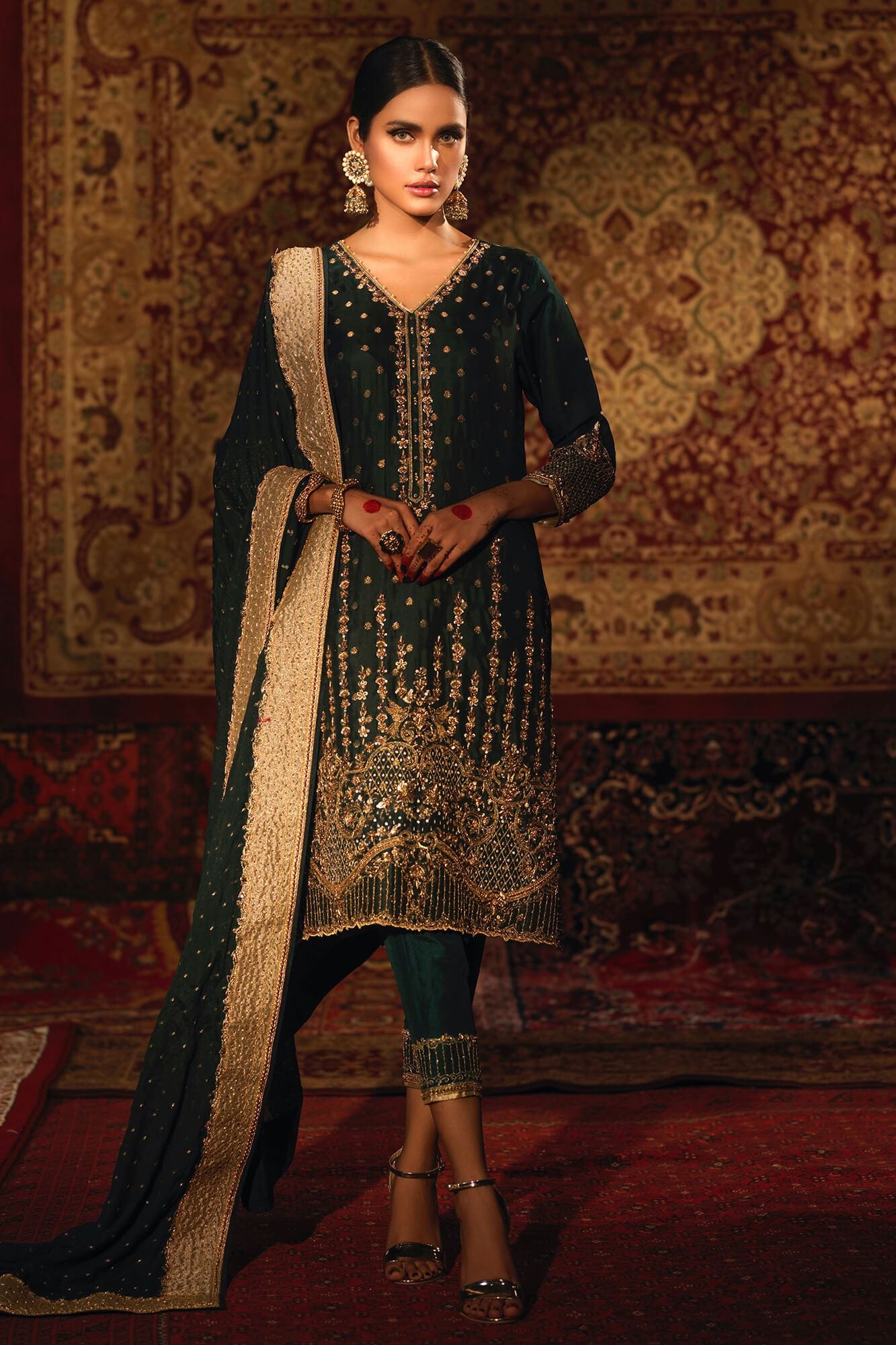 Dark Green Embroidered Banarsi Silk Salwar Kameez (3-Piece) - Image 2