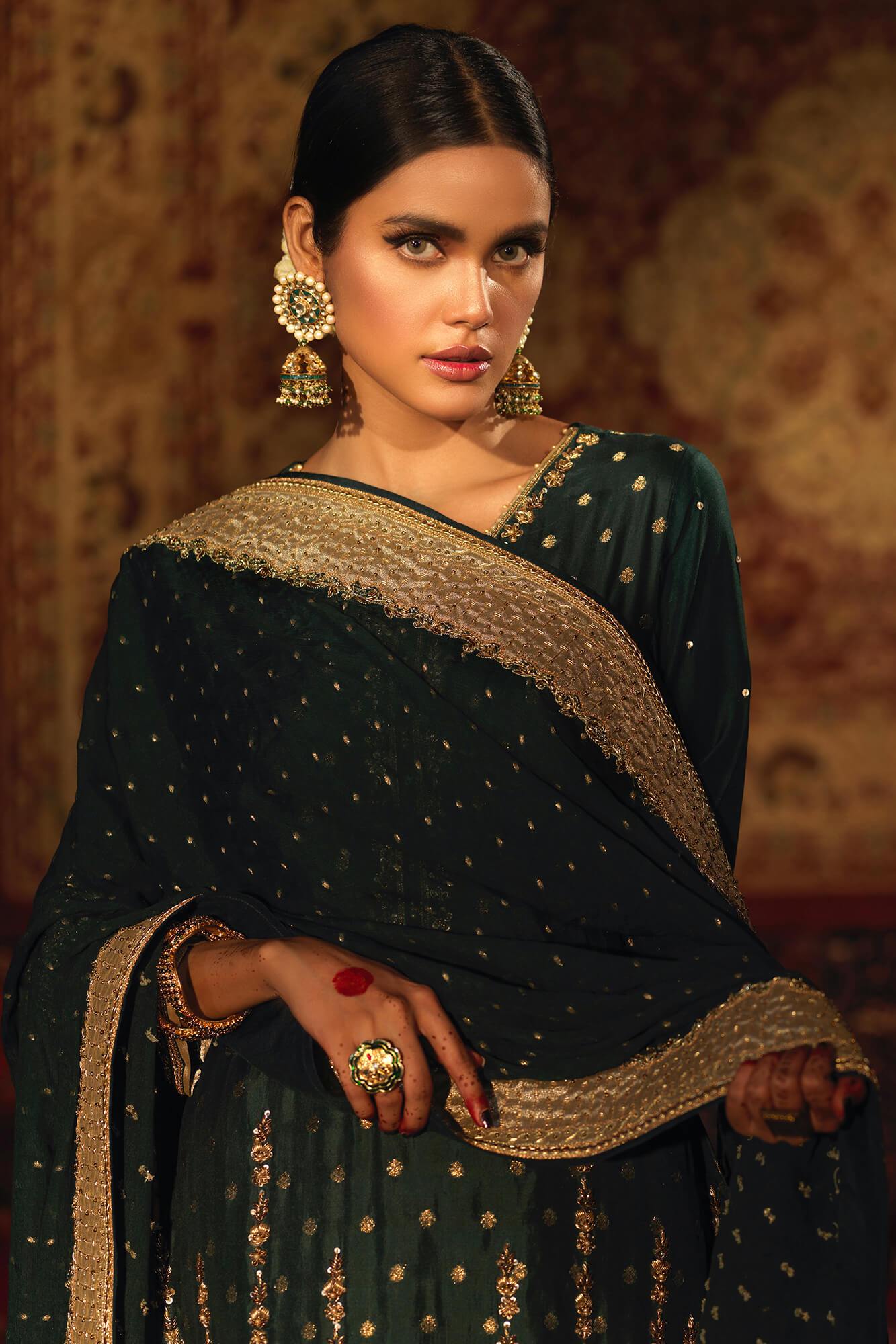 Dark Green Embroidered Banarsi Silk Salwar Kameez (3-Piece) - Image 5