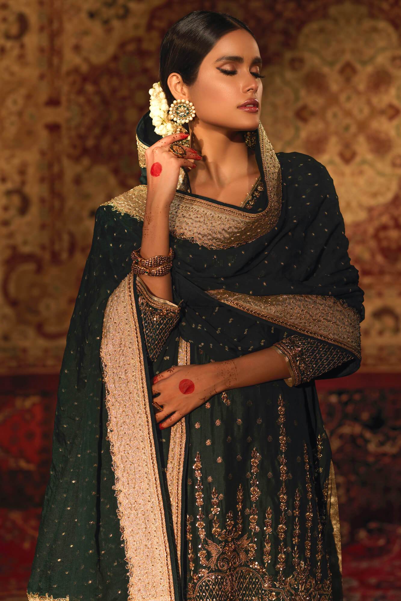 Dark Green Embroidered Banarsi Silk Salwar Kameez (3-Piece) - Image 6