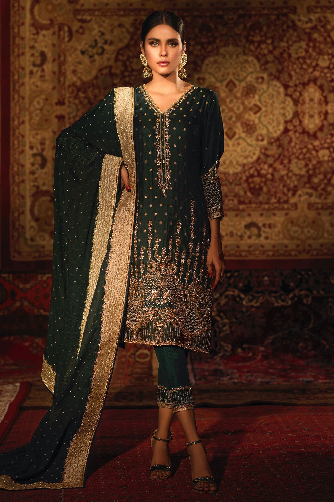 Dark Green Embroidered Banarsi Silk Salwar Kameez (3-Piece) - Image 3