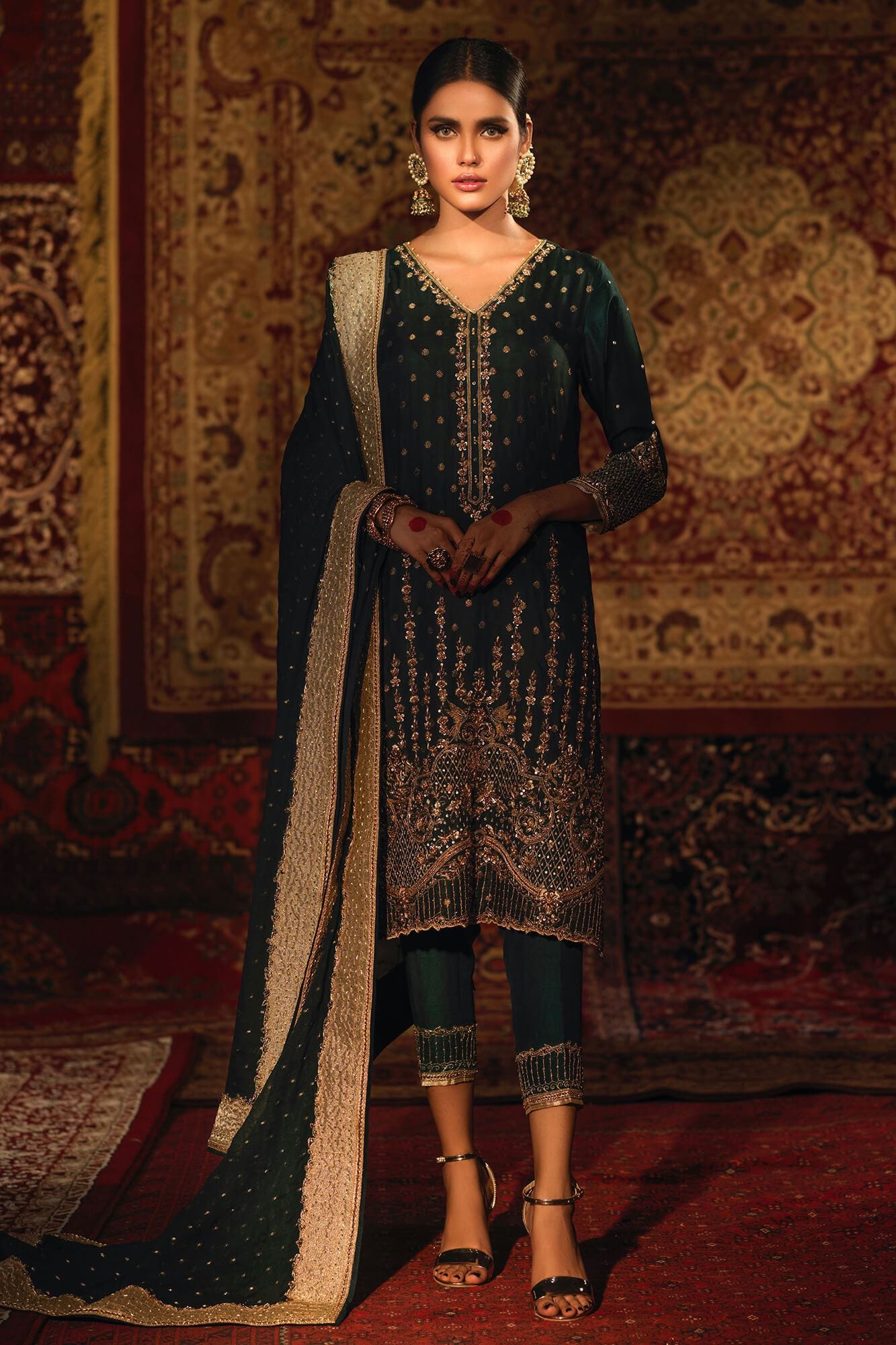 Dark Green Embroidered Banarsi Silk Salwar Kameez (3-Piece) - Image 4