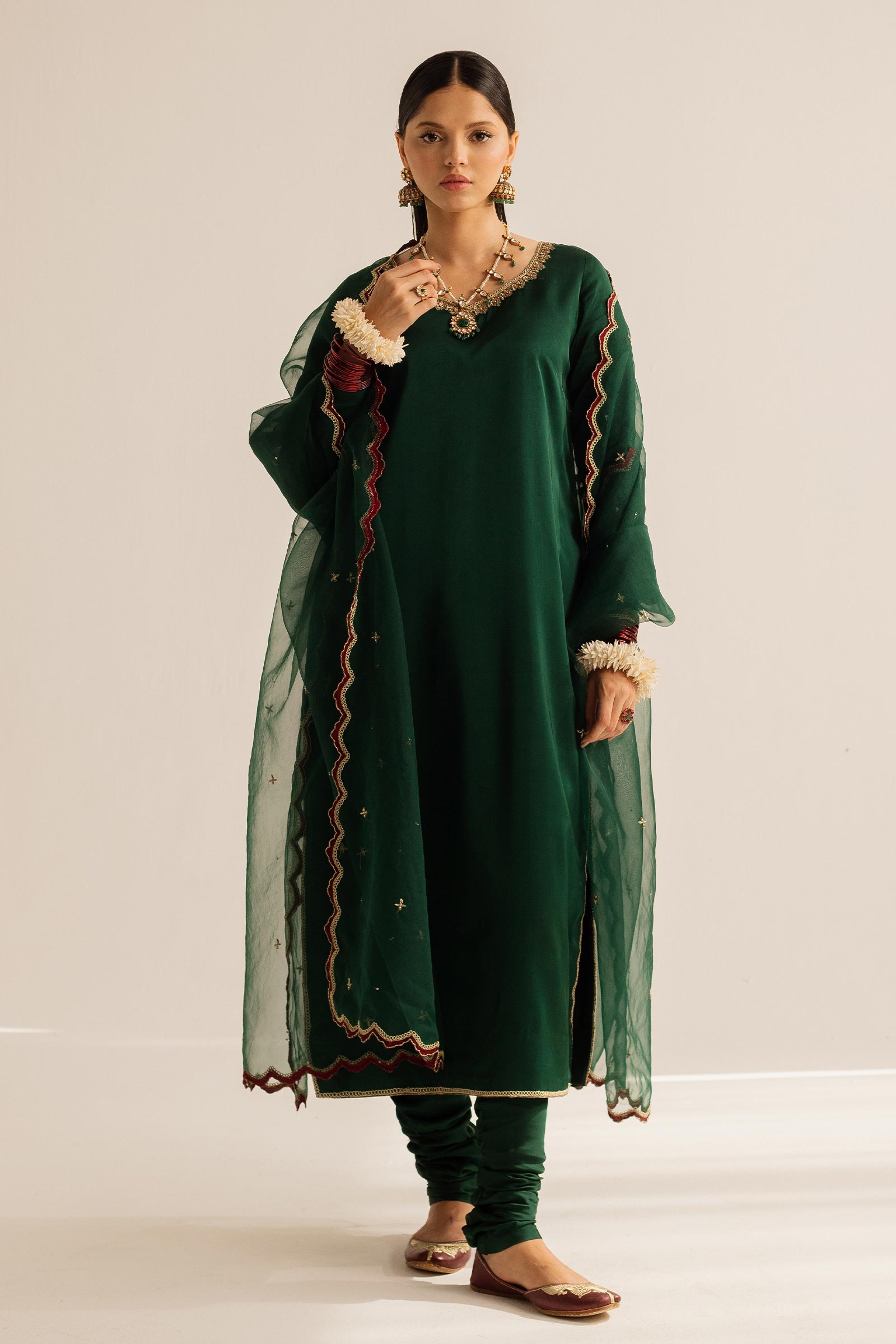 Pakistani Bottle Green Zardozi Charmeuse Silk Salwar Kameez (3-Piece) - Image 1