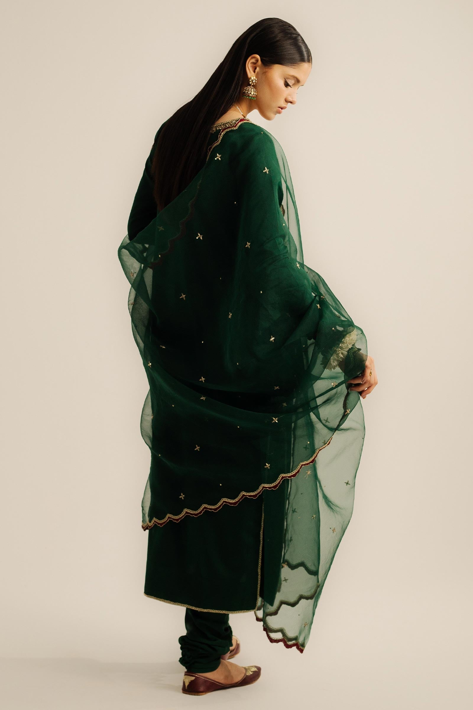 Pakistani Bottle Green Zardozi Charmeuse Silk Salwar Kameez (3-Piece) - Image 10